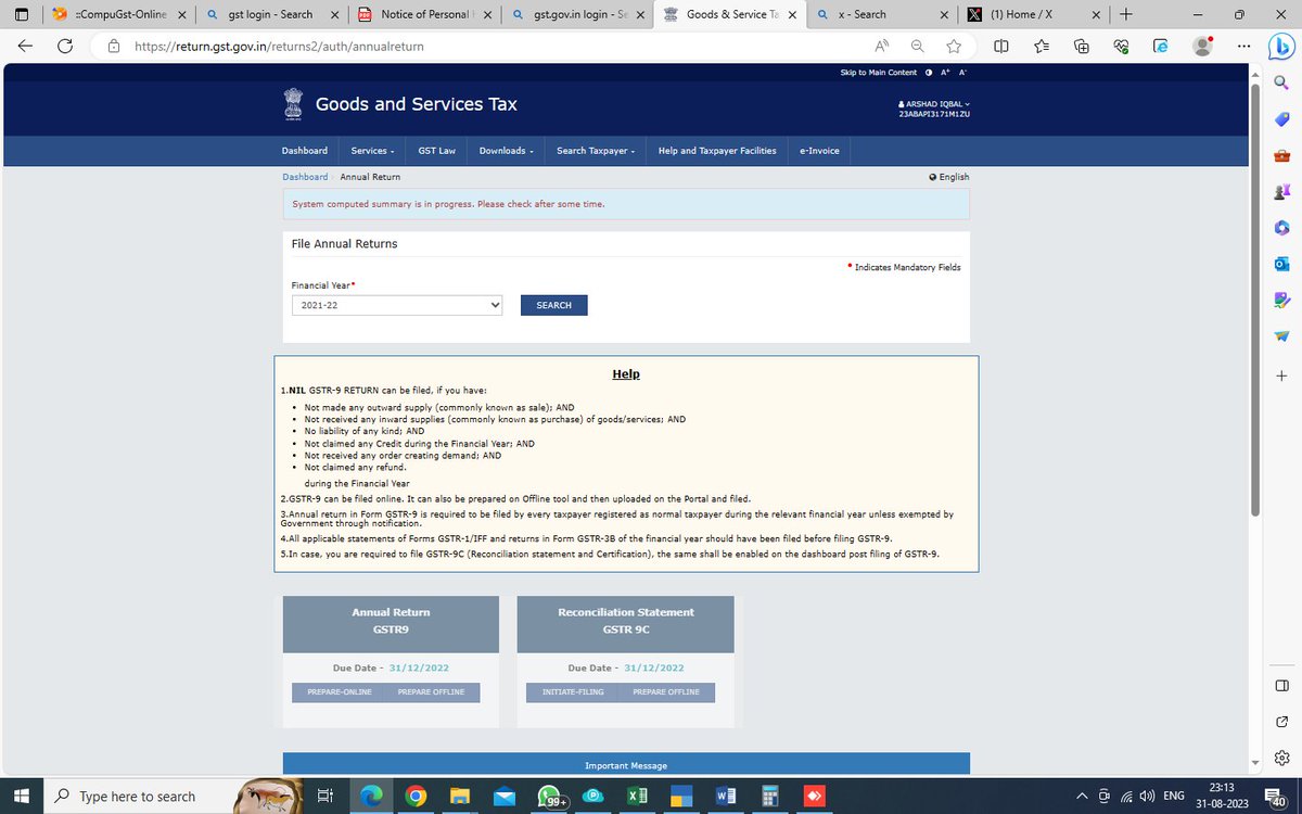 ParthPitalia's tweet photo. All return filed still Portal showing "system computed summary is in progress. Please check after some time." request no. G- 2023083111562914. last date of amnesty scheme 2023 31st August 23. Please solve. Trying Since Yesterday. Plz Extend @Infosys_GSTN @askGST_GoI @GST_Council https://t.co/qsyQUacH1I