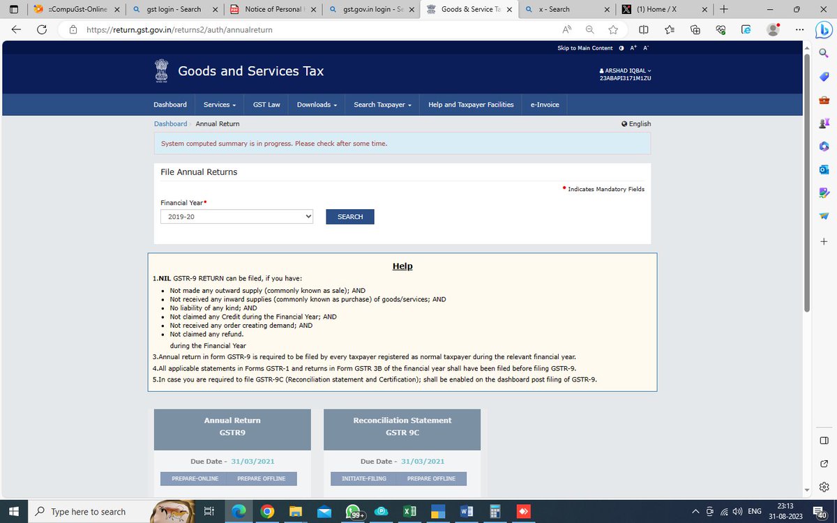 ParthPitalia's tweet photo. All return filed still Portal showing "system computed summary is in progress. Please check after some time." request no. G- 2023083111562914. last date of amnesty scheme 2023 31st August 23. Please solve. Trying Since Yesterday. Plz Extend @Infosys_GSTN @askGST_GoI @GST_Council https://t.co/qsyQUacH1I