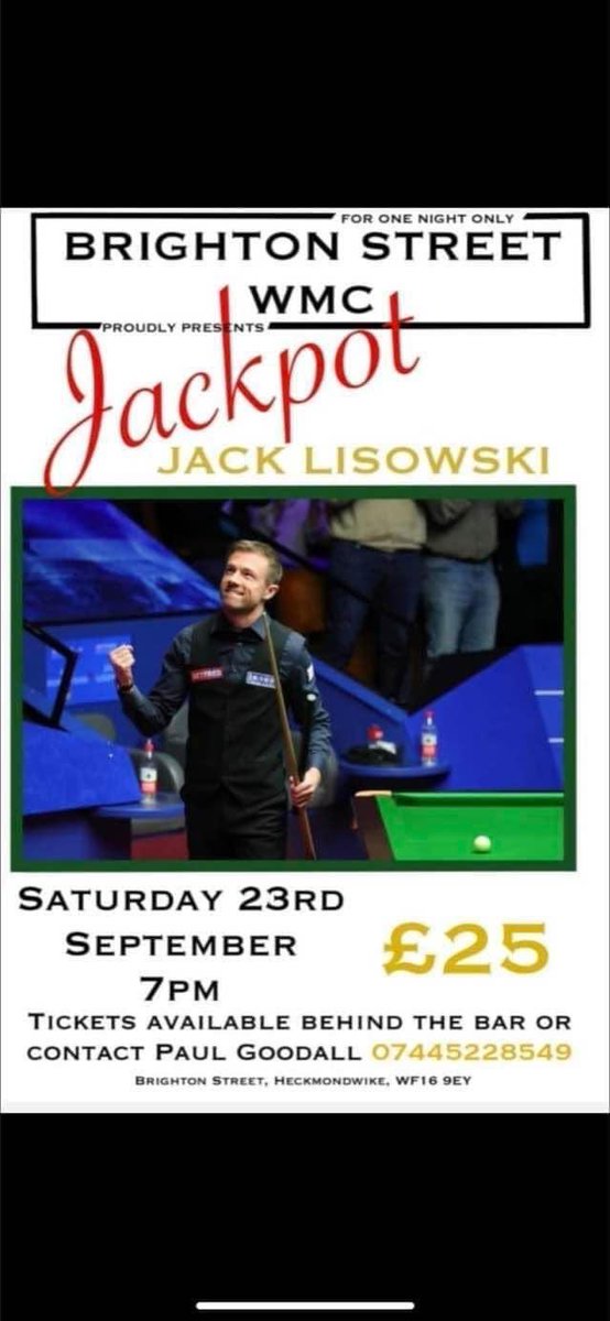G4RYSH4W's tweet photo. Attention snooker fans…a night not to be missed at Brighton St WMC!

Jack Lisowski will be entertaining the crowd with his attacking style of snooker. Raffle on the night with great prizes including a frame against Jack!

Contact my good friend Paul Goodall for tickets https://t.co/B4GNHOBfav