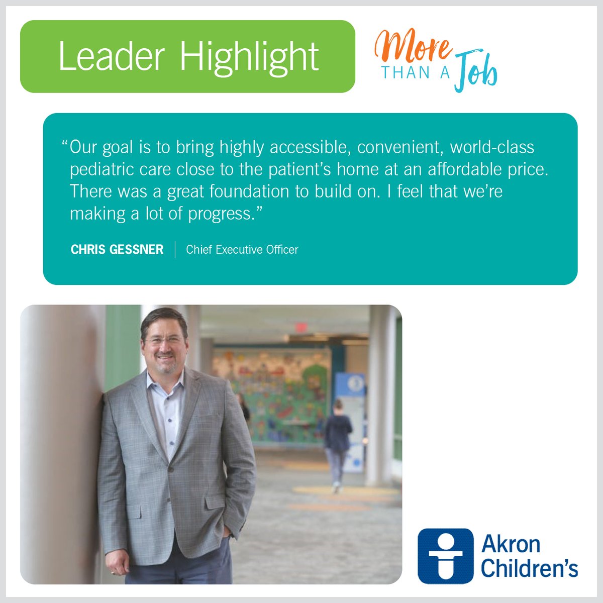 ChildrensJobs's tweet photo. Leading Akron Children's with a vision for accessible, world-class pediatric care, CEO Chris Gessner's commitment to research and academics, regional growth and diversity, equity and inclusion are propelling our mission forward. Join our team today: https://t.co/WPRHi5zdPA https://t.co/4ITGLiuWgd