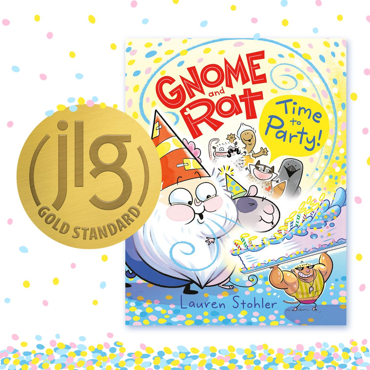 LorStohler's tweet photo. Hey Rat— guess who's a @JrLibraryGuild GOLD STANDARD SELECTION?!

🌟GNOME AND RAT: TIME TO PARTY! 🌟

I'm stupendously excited! Resplendently thrilled! Ravenous for mushroom sausages!

Start the series w/#GnomeAndRat today... #GnomeAndRatTimeToParty is out 3/24!

#JLGselection https://t.co/V1UXYfiNiz