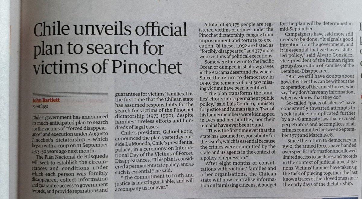 Pedrocig's tweet photo. Hoy compré el @guardian en Edimburgo. Gran noticia en la edición de hoy: el plan de búsqueda de detenidos desaparecidos impulsado por el presidente @GabrielBoric . Gracias @jwbartlett92 por la noticia. Los medios internacionales valoran nuestra memoria y justicia. https://t.co/5TemMBRtng