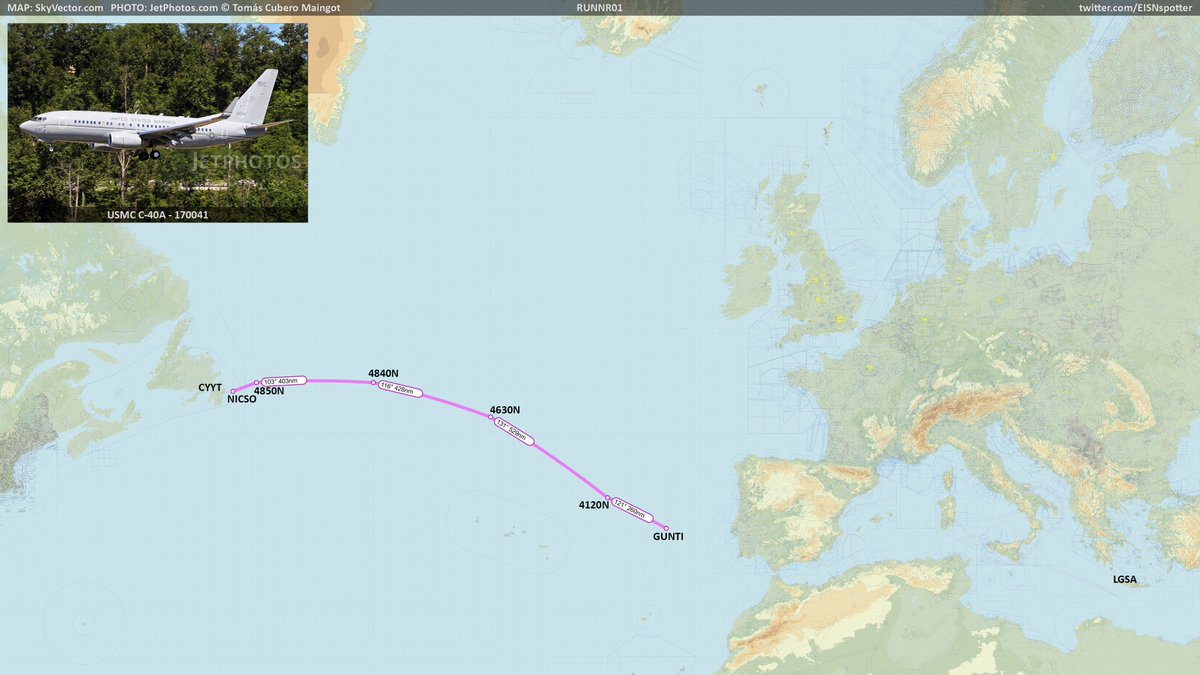 EISNspotter's tweet photo. 18:07z
๐บ๐ธ US Marine Corps C-40A #AE7457 170041
#RUNNR01 airborne out of ๐จ๐ฆ St. John's International Airport (CYYT) en route to ๐ฌ๐ท Chania International Airport (LGSA). https://t.co/UyI6uiQbQf