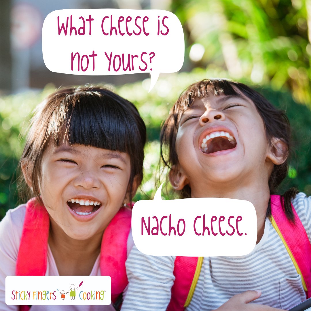 What cheese is not yours?

Nacho cheese.😀😆

#StickyFingersCooking #KidsCook #KidsCooking #KidsCookingClass #Kids #KidChef #KidChefs #YoungChefs #KidsInTheKitchen #Joke #Food #FoodPun #CookingWithChildren #KidJoke #KidsJokes