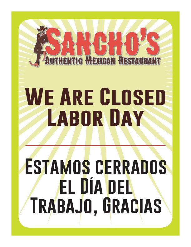We Are Closed Labor Day.
Estamos cerrados el Día del Trabajo, Gracias.