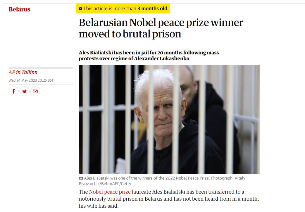 Since April, when Aleś Bialacki was transferred to the most brutal torture prison in Belarus, there's no info about him. Nothing is known about his health, it's not even known whether he's alive.
What is known that his tormentors will be invited to the next <a href="/NobelPrize/">The Nobel Prize</a> ceremony.