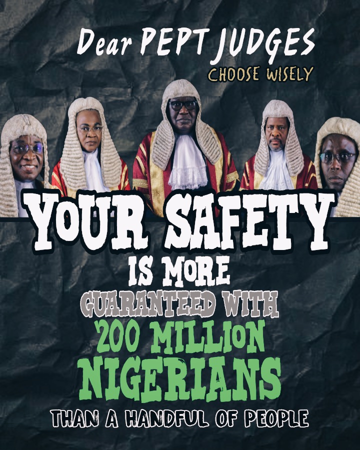 To Justice Tsammani and Co.

Nigerians are not begging you to do what's right. WE ARE DEMANDING THAT YOU UPHOLD THE CONSTITUTION.

Protect the Law &amp; watch Nigerians protect you and all You Hold dearly.

#AllEyesOnTheJudiciary 
#AllEyesOnJusticeTsammani 
#TinubuMUSTbeDisqualified