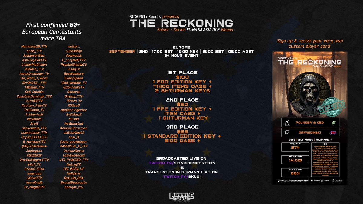 Sicario eSports, 
'The Reckoning' sniper - series

Applications OPEN 
forms.gle/XVu5KXaXKdTX9C…

EU September  2nd  
Private Accounts &amp; Servers.    

Broadcast live on:
twitch.tv/sicarioesports…

Translation in German live on:
twitch.tv/skuuii

Sponsored by
<a href="/bstategames/">Battlestate Games</a> 🫶