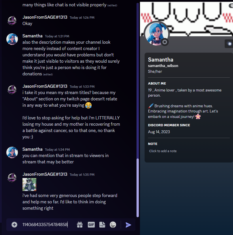 JasonFromSU's tweet photo. 😂💀 Randomly messaging ANYONE out of left field like this and then sounding like your pitch leads up to "if you commission me, i'll fix EVERYTHING that's making your Twitch channel ugly and unapproachable!" is BEYOND ridiculous. Their discord ID is 1140684335754784858 for bans! https://t.co/uMOoAv7CqQ