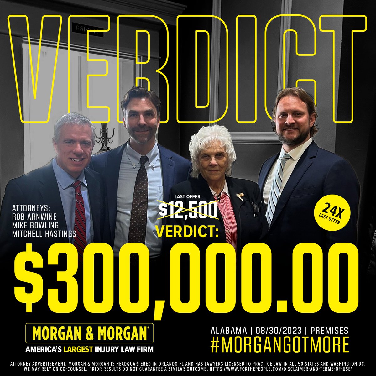 🚨 #VerdictAlert:

Rob Arnwine, Mike Bowling and Mitchell Hastings just secured a $300,000.00 verdict for our client in Alabama!

That's 24x the last offer 🚀

#MorganGotMore #ForThePeople