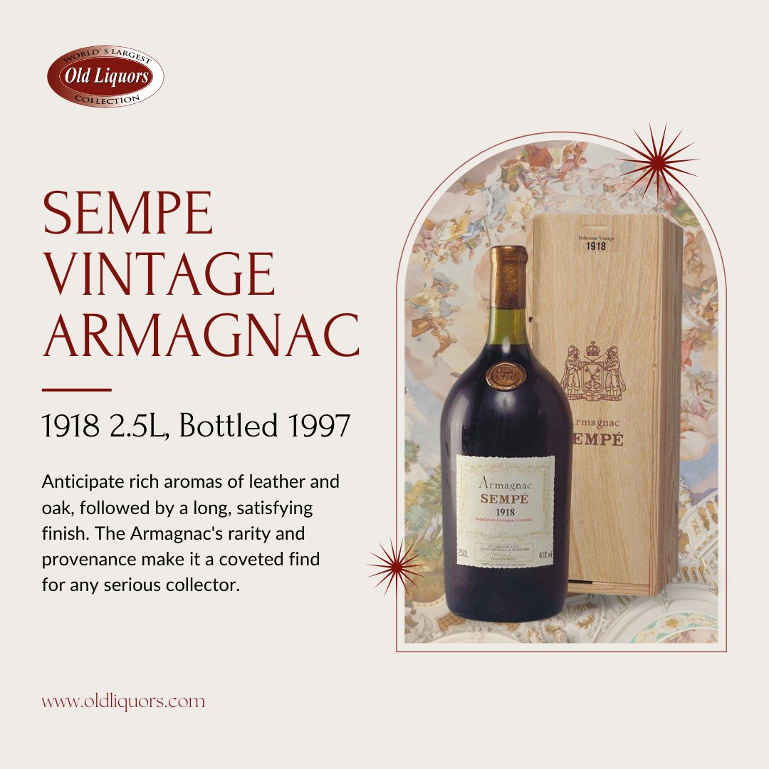 Discover history in the 1918 Sempe Vintage Armagnac. 🕰️🍷
⠀
In its original wooden box, this 2.5L treasure is a collector's item. Enjoy leather and oak aromas, satisfying finish.
⠀
A gem for collectors with rarity and provenance. 
🌐 oldliquors.com