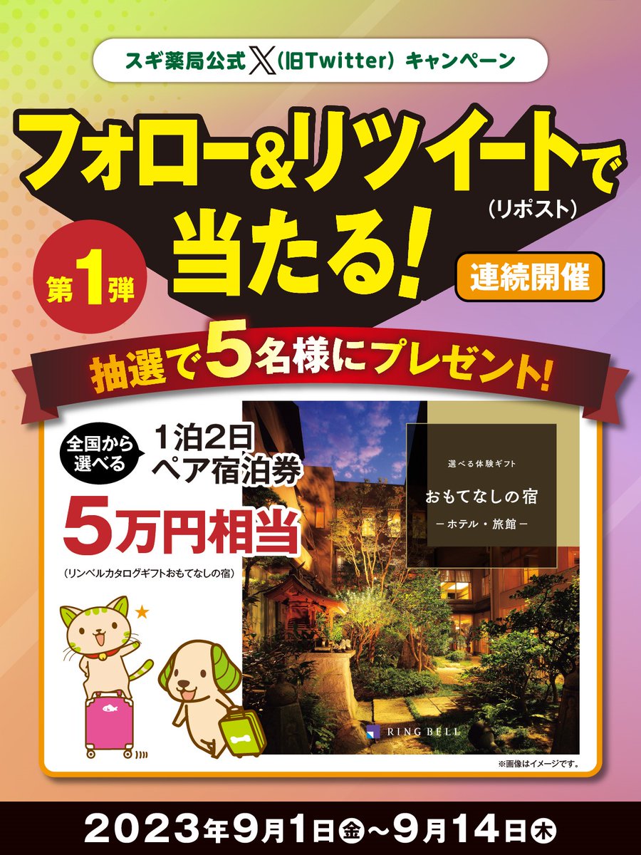 今回は連続開催📣
フォロー＆リツイート(リポスト)で当たる
X(旧Twitter)キャンペーン✨

第1弾は全国から選べる #1泊2日ペア宿泊券
を5名様にプレゼント🎁
旅行でリフレッシュしちゃお♨

▼応募方法
①<a href="/SUGIofficial_JP/">スギ薬局【公式】</a>をフォロー
②この投稿をリツイート(リポスト)
締切:9/14(木)23:59迄
#スギ薬局