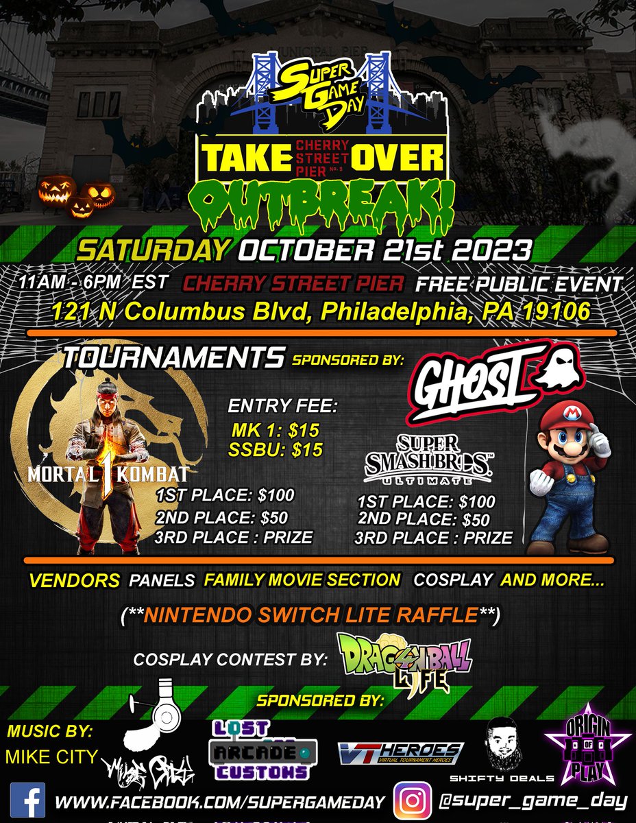 SuperGameDay: Takeover (Outbreak)

10/21/23

11am-6pm 

@cherrystreetpier 

Don't miss the fall event of the year

Tournaments sponsored by @ghostenergy

Tournaments, Panels, Cosplay Contest, Raffle, Live Music, Family Movie Section, Amazing Vendors, and munch more!