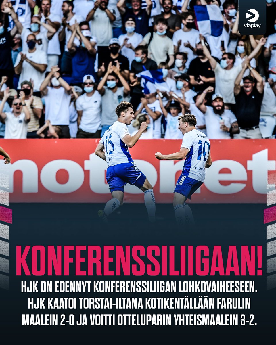 ViaplayUrheilu's tweet photo. HJK ETENEE KONFERENSSILIIGAAN! 🔥

Farul kaatuu kotona maalein 2-0 ja yhteismaalit HJK:lle 3-2. Täten HJK etenee Konferenssiliigan lohkovaiheeseen.

Lohkoarvonta huomenna Elisa Viihde Viaplayssa kello 15:30 alkaen!

#HJK #UECLfi @hjkhelsinki https://t.co/xBdIvFPIZ3