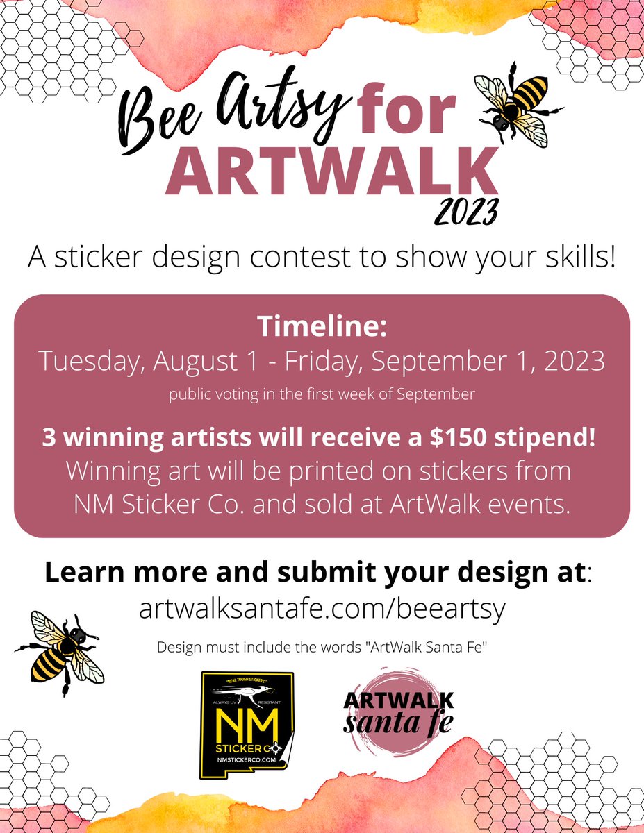 🚨 Submissions to our sticker contest end tomorrow! Send us your design, including the words ArtWalk Santa Fe, for a chance to win $150. Learn more or submit your design to artwalksantafe.com/beeartsy

#ArtWalkSantaFe #StickerContest #SantaFe #SantaFeNM #SantaFeArt #SantaFeArtist