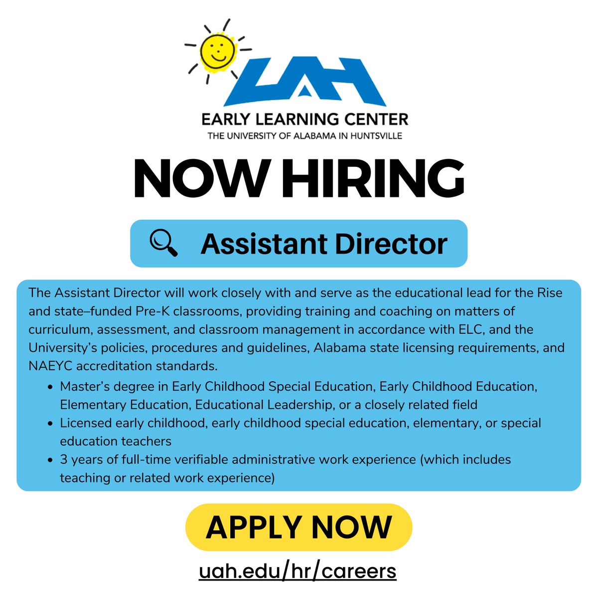 The UAH Early Learning Center is #hiring! 📣 Click here to learn more about the Assistant Director position and submit your application: careers.uah.edu/cw/en-us/job/4…

#jobopportunity #huntsville #huntsvillealabama #earlychildhoodeducator #nowhiring #ApplyNow #HuntsvilleJobs