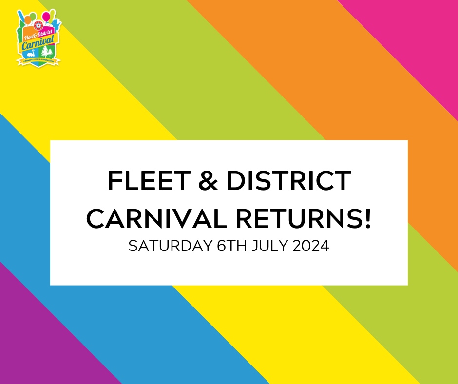 Following on from Tuesday's AGM, we can now share that #fleetcarnival 2024 will be Saturday 6th July!

Keep an eye on our socials for more information coming soon on the 2024 Carnival theme and Charity of the Year!!

#Community #funtimesahead