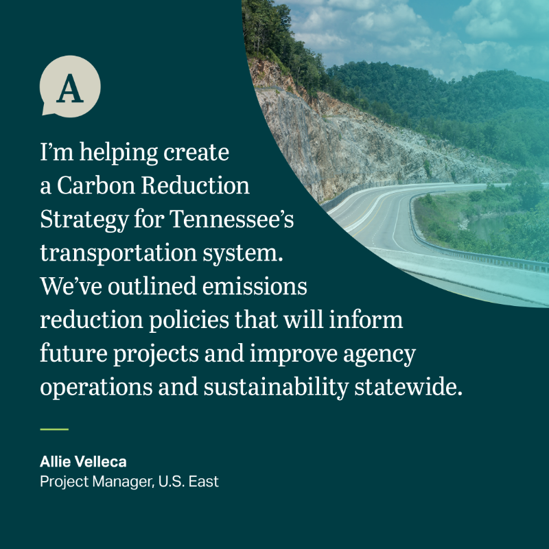 AECOM's tweet photo. Today’s #DeepDive features Allie Velleca, a project manager from @AECOMTransport.  

Allie is supporting @myTDOT’s decarbonization journey by developing tools to identify key projects for funding and measuring their effectiveness in reducing emissions. Read more.