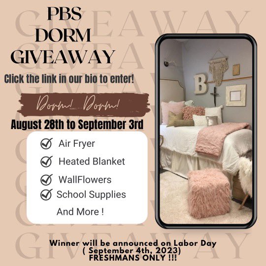 PBSEastern's tweet photo. It’s time for our official Dorm Giveaway!! Click the link in our bio or below to enter! 💕 (FRESHMAN’S ONLY) Goodluck! Winner will be announced on Labor Day via our Instagram!

https://t.co/AH5vleIq9S https://t.co/sBEom5Oi2M