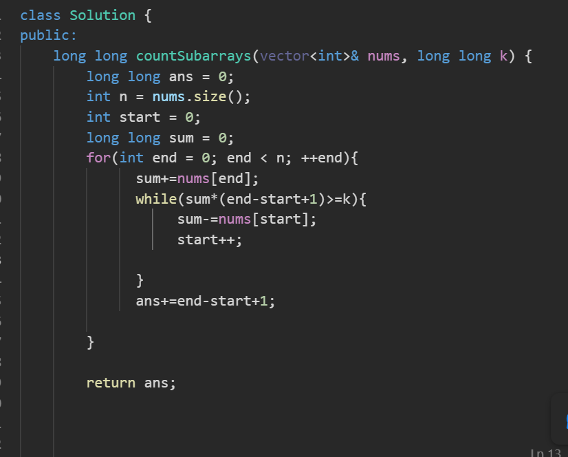 KhatikSwwapnil's tweet photo. Day 39 of #100DaysOfCode! 🚀 Crushed the "Count Subarrays With Score Less Than K" challenge  #Cpp and #DSA #CodingChallengeVictory https://t.co/CV8yvwocNH