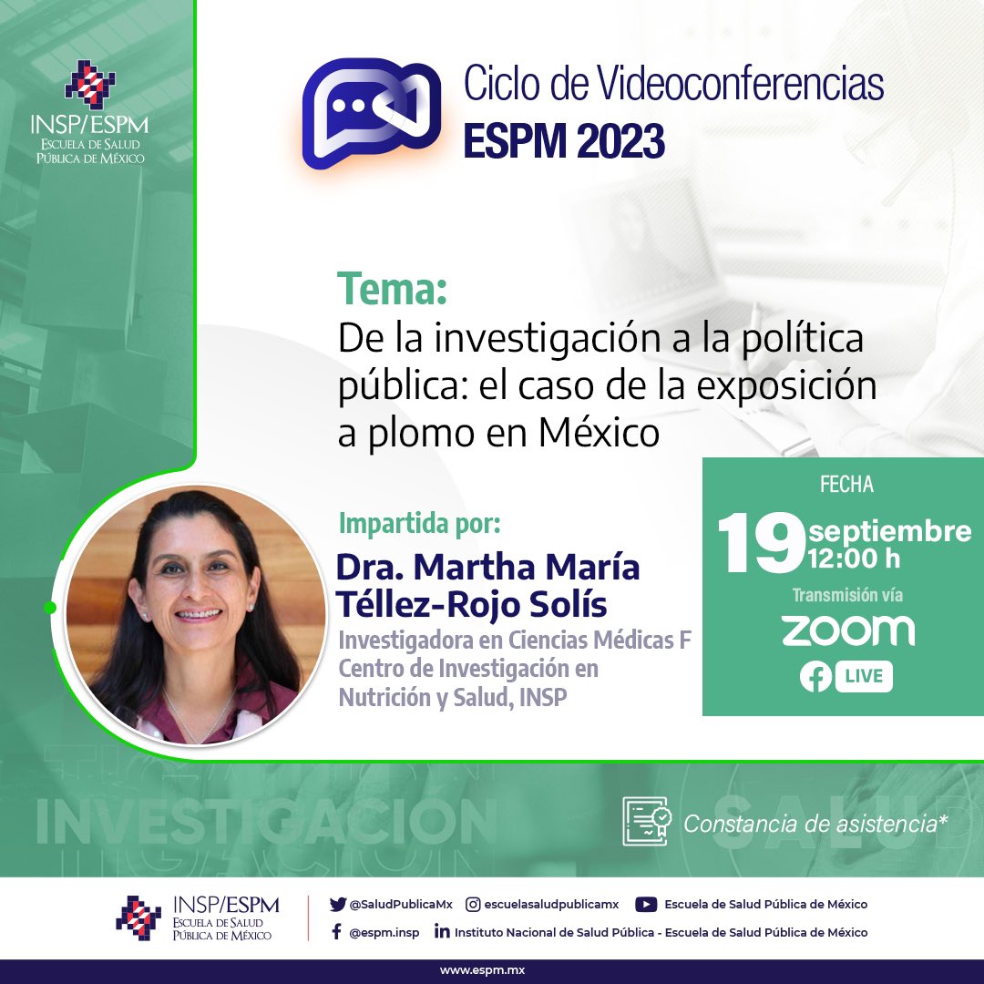 SaludPublicaMx's tweet photo. Conoce a la Dra. Martha María Téllez-Rojo Solís, ponente en la próxima #VCI23: "De la investigación a la política pública: el caso de la exposición a plomo en México" 🇲🇽🔍
📅 19 de sept · 12:00 h
💻 En vivo vía Facebook Live y zoom
🚫 Sin registro previo
#SaludPública https://t.co/gC9LyFHk2G