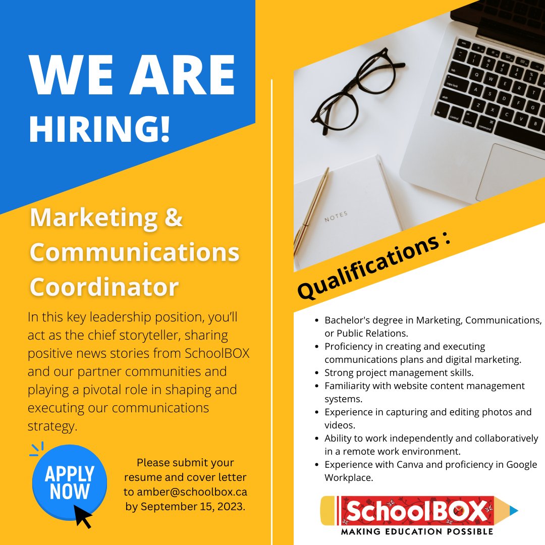 We are seeking a passionate and creative Marketing &amp; Communications Coordinator to join our team! 

See full job posting here:
ca.indeed.com/job/marketing-…

#HiringNow #marketing #communications #nonprofit #recruitment