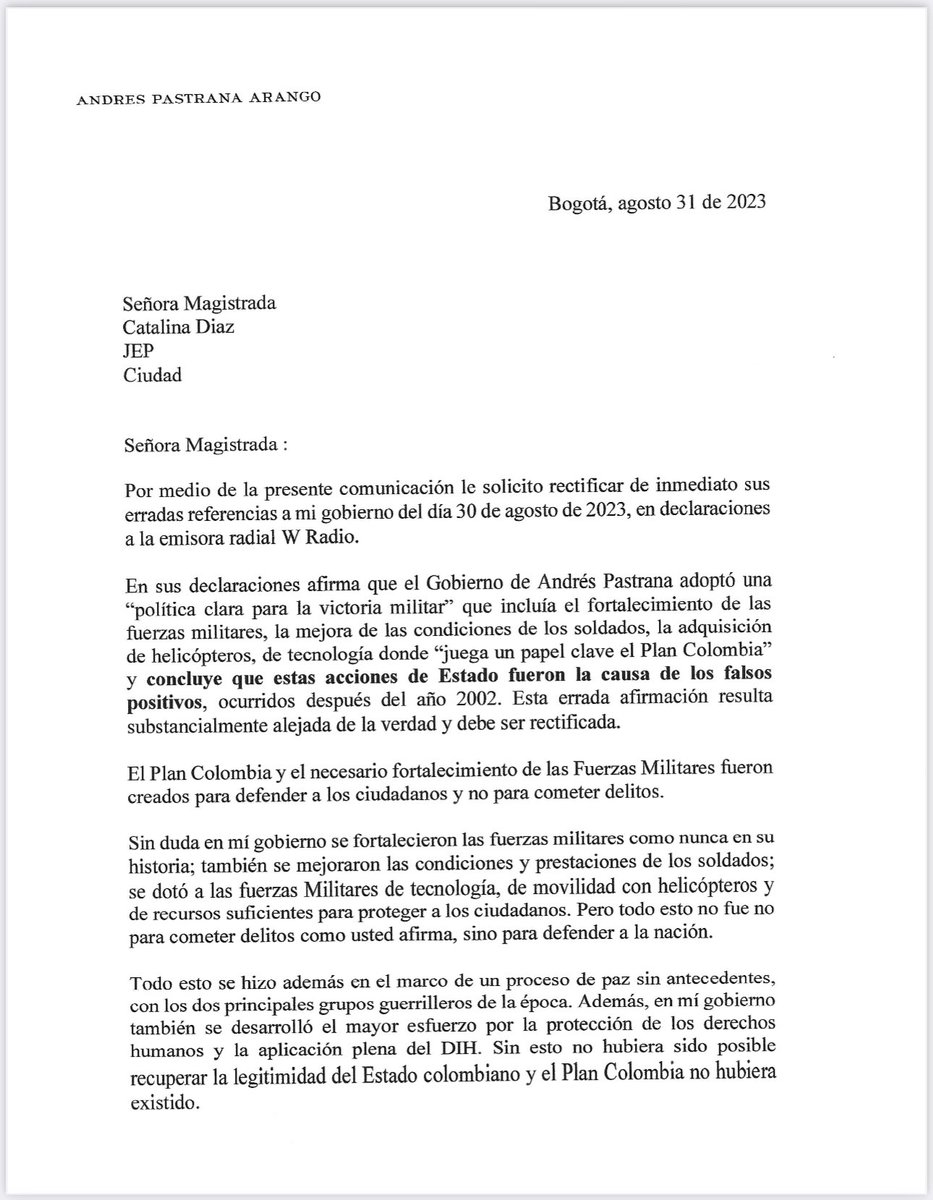 AndresPastrana_'s tweet photo. El Plan Colombia fue creado para proteger a los colombianos no para cometer delitos. Mi carta a la
Magistrada Catalina Díaz de la JEP. https://t.co/r3oansQOq5