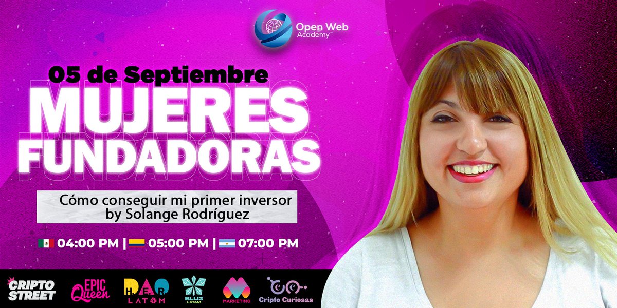 ✨Sé parte de Mujeres Fundadoras de la mano de <a href="/SolangeSoifer/">Sol ⭐⭐⭐ |solyacuariana |Devconnect Argentina 🇦🇷</a> y las comunidades de mujeres en web 3. Descubre cómo marcar la diferencia  en su taller "Cómo conseguir mi primer inversor"

🗓05 de septiembre
⏰ 4:00pm🇲🇽
👩‍💻Regístrate y sé parte del cambio.
lu.ma/dam6nyav