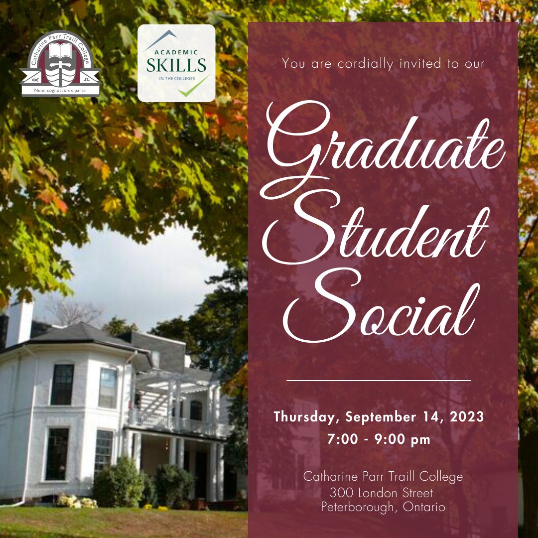 Graduate Student Social: An evening of connection and conversation, music, and snacks. A chance for graduate students to interact with faculty and staff from Academic Skills.
Thursday, September 14 7:00 to 9:00 pm trentu.ca/academicskills…