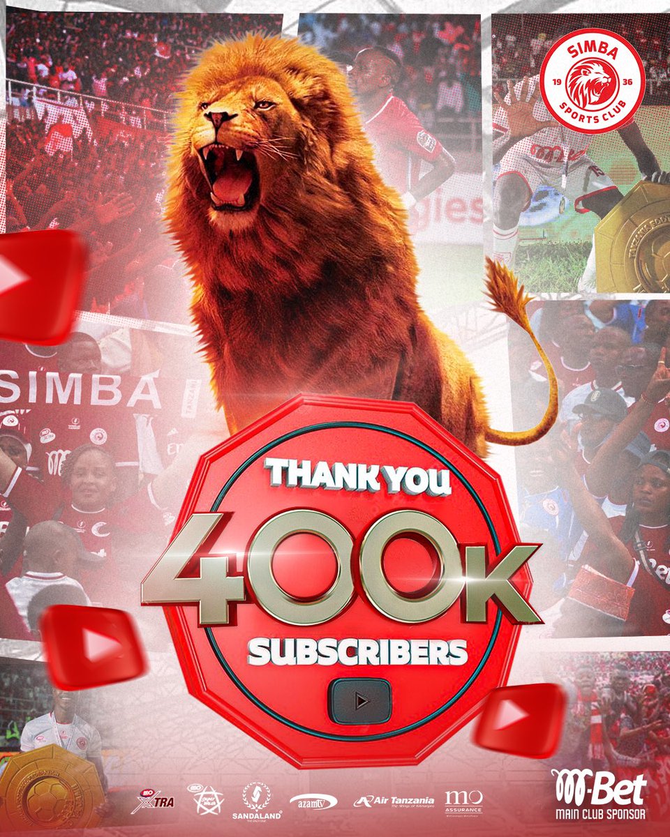 Wafuasi 400,000 katika chaneli yetu ya YouTube.

Namba 1️⃣ Tanzania.
Namba 1️⃣ Ukanda wa Nchi za Kusini mwa Jangwa la Sahara.
Namba 4️⃣ Barani Afrika.
#WenyeNchi
#NguvuMoja