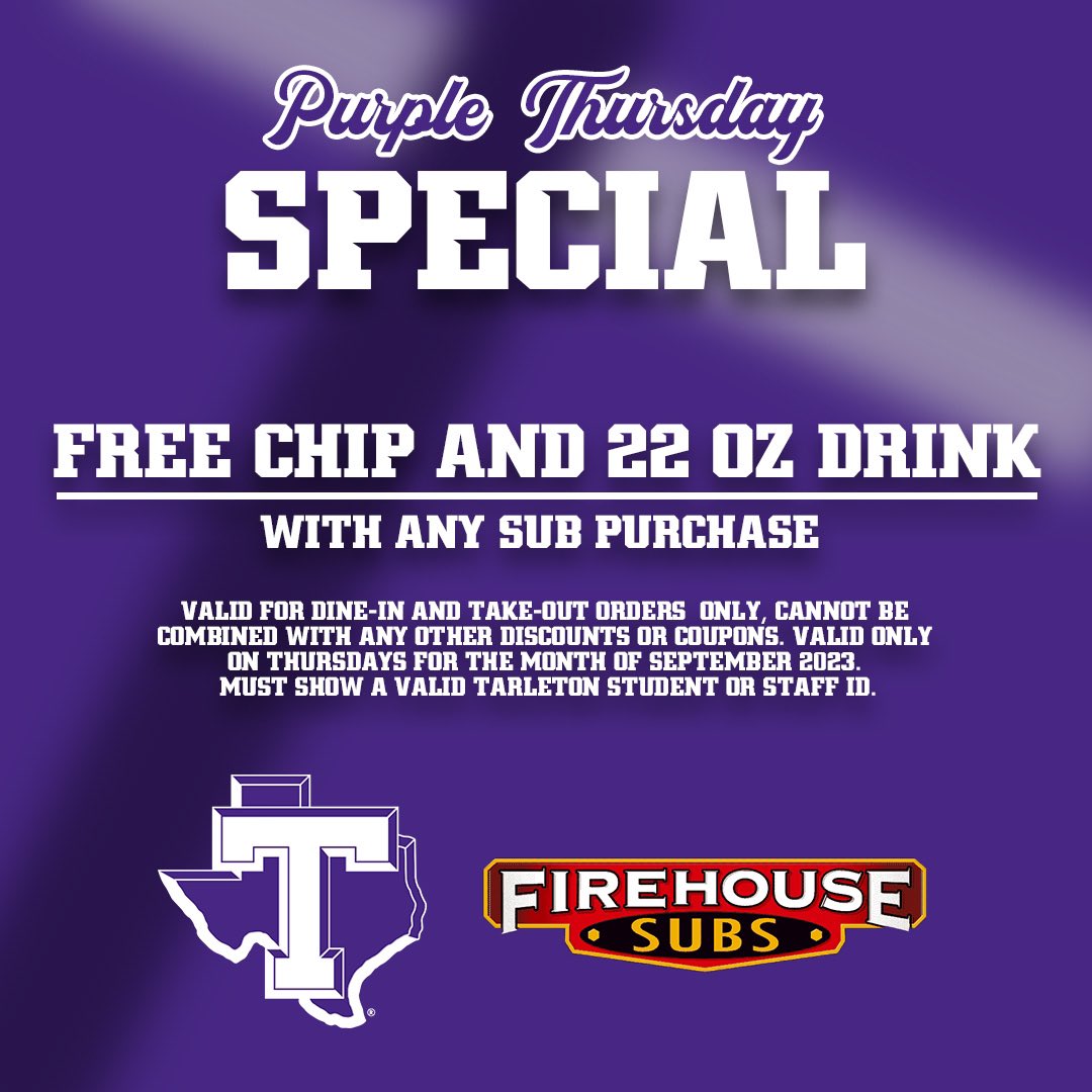 We have partnered with <a href="/FirehouseSubs/">Firehouse Subs</a> to help bring you their Purple Thursday Special!

On the first Thursday of every month, we’ll revisit a 𝙨𝙥𝙚𝙘𝙞𝙖𝙡 𝙥𝙚𝙧𝙛𝙤𝙧𝙢𝙖𝙣𝙘𝙚 from our programs and detail the Firehouse Subs Purple Thursday Special! 

The deal for September 🧐