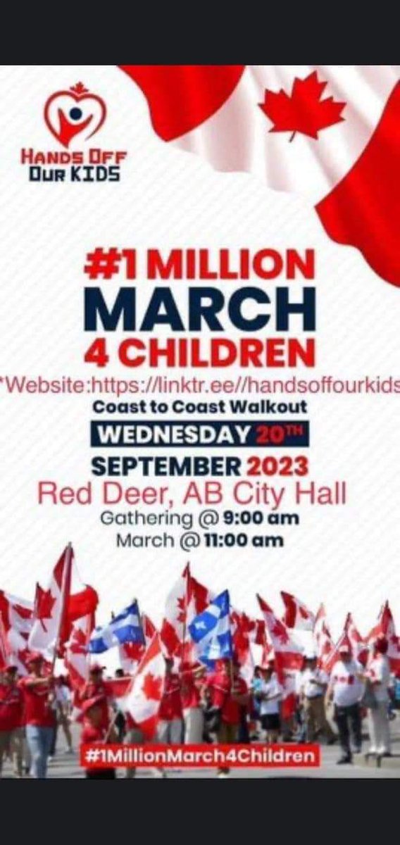 #1 Million March 4 Children Coast to Coast Walkout Wednesday September 20, 2023 Come join us to stand for the children. I will be standing in Red Deer Alberta. Join the gathering close to you! #stopsogi123 #parentchallenge #grandparentchallenge #teacherchallenge #MLAchallenge