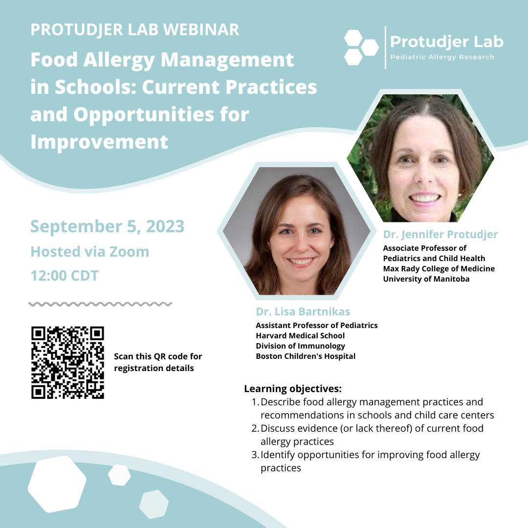 There's still time to register!

Join Dr Lisa Bartnikas and me on 5 Sept 2023 at 12CT, when we discuss #foodallergy management in schools. All welcome! Registration required umanitoba.zoom.us/webinar/regist…