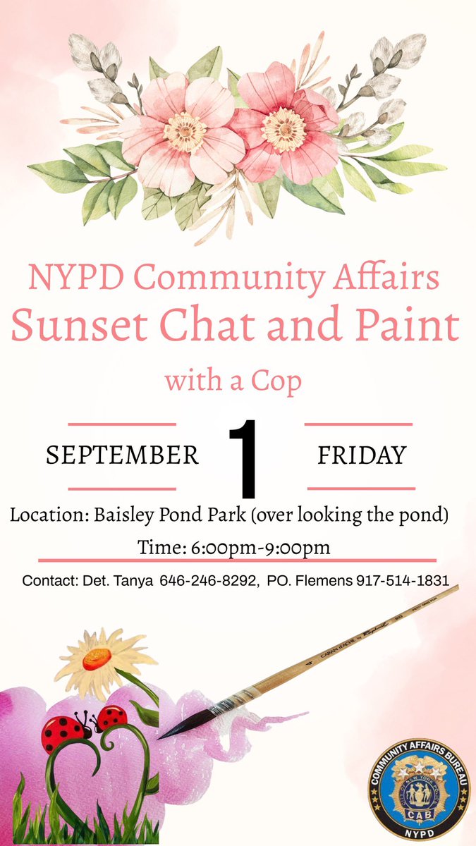 NYPDQueensSouth's tweet photo. Join @NYPDCommAffairs &amp; my team tomorrow evening for a Sunset Chat &amp; Paint. #copsandcommunity working-together. @NYPD113Pct @NYPDnews @mayorsCAU @WilliamFBlick https://t.co/UvrPSF56b5