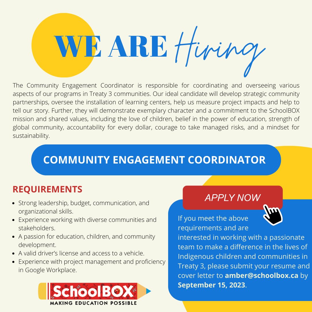 We are also hiring a Community Engagement Coordinator!

See full job posting here:
ca.indeed.com/job/community-…

#HiringNow #recruitment #newjob #nonprofit #community #engagement
