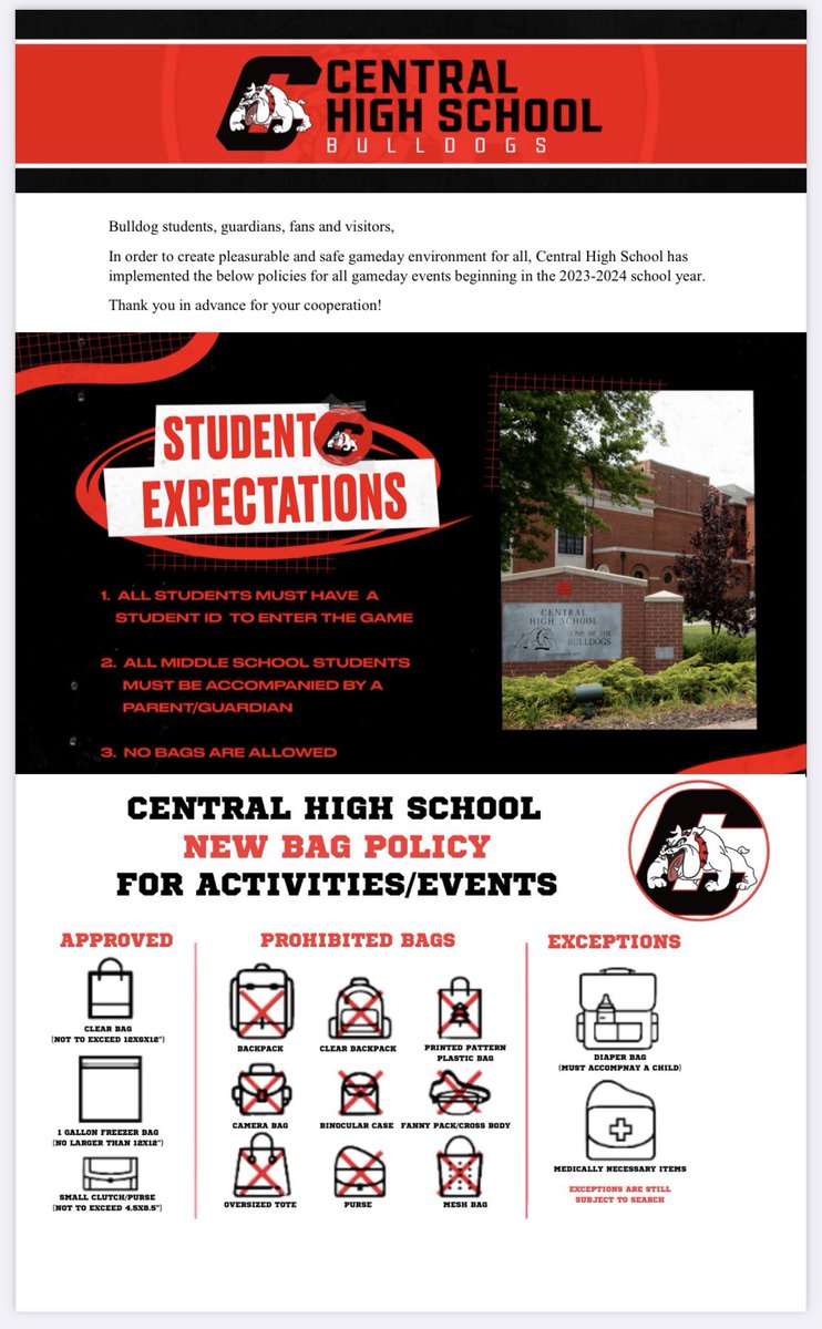 Planning to go to a sports event? Be sure to check out the new expectations sent by <a href="/CentralBulldog/">Central High School</a> tinyurl.com/BulldogGameDay