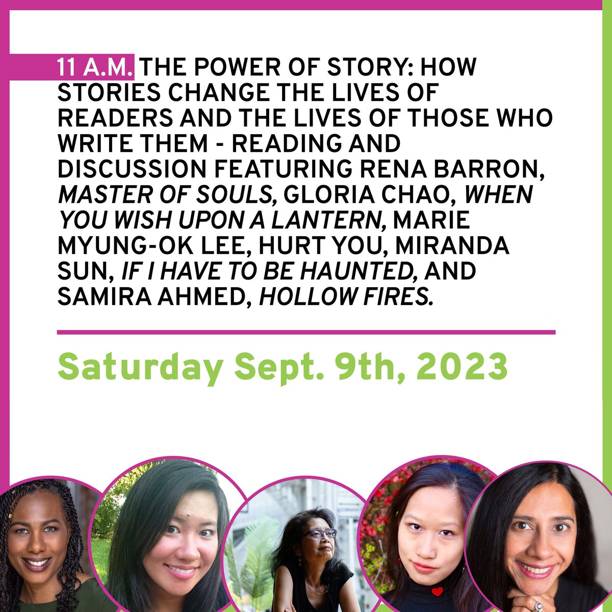 On Sept. 10th, 2023 at PRLF '23 come and be a part of 'The Power of Story' at 11 a.m. on the North Stage - a lively reading and discussion with authors Samira Ahmed, Rena Barron, @gloriacchao, @MarieMyungOkLee, and Miranda Sun! 📖🗣️ @halcyonpen @sam_aye_ahm @renathedreamer