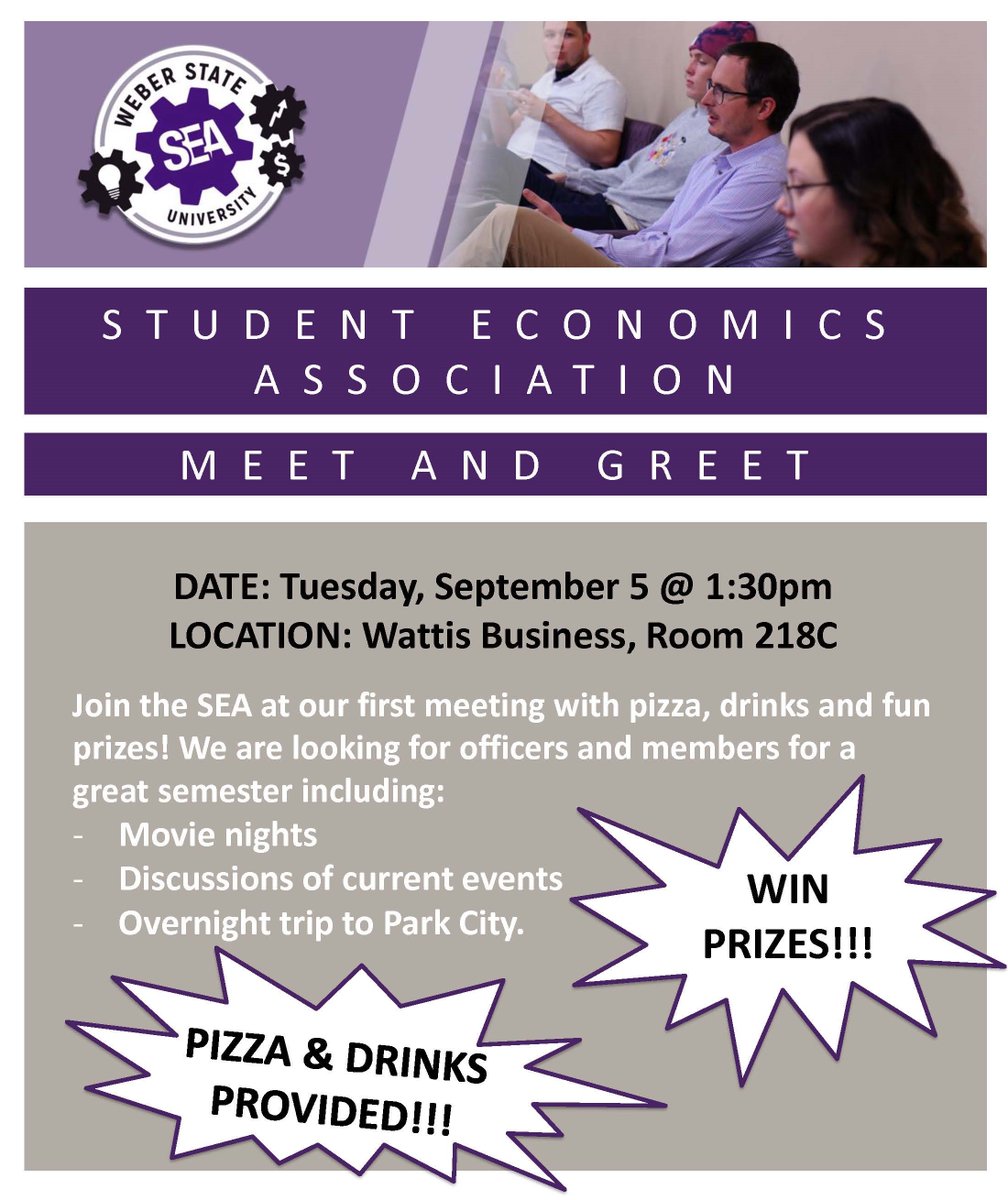 YOU'RE INVITED! The SEA (Student Economics Association) is having a meet-and-greet this Tuesday, SEPT 5 at 1:30 p.m. in 218C! Pizza! Drinks! Prizes! Don't miss out - come and join us!
#WeberBiz
