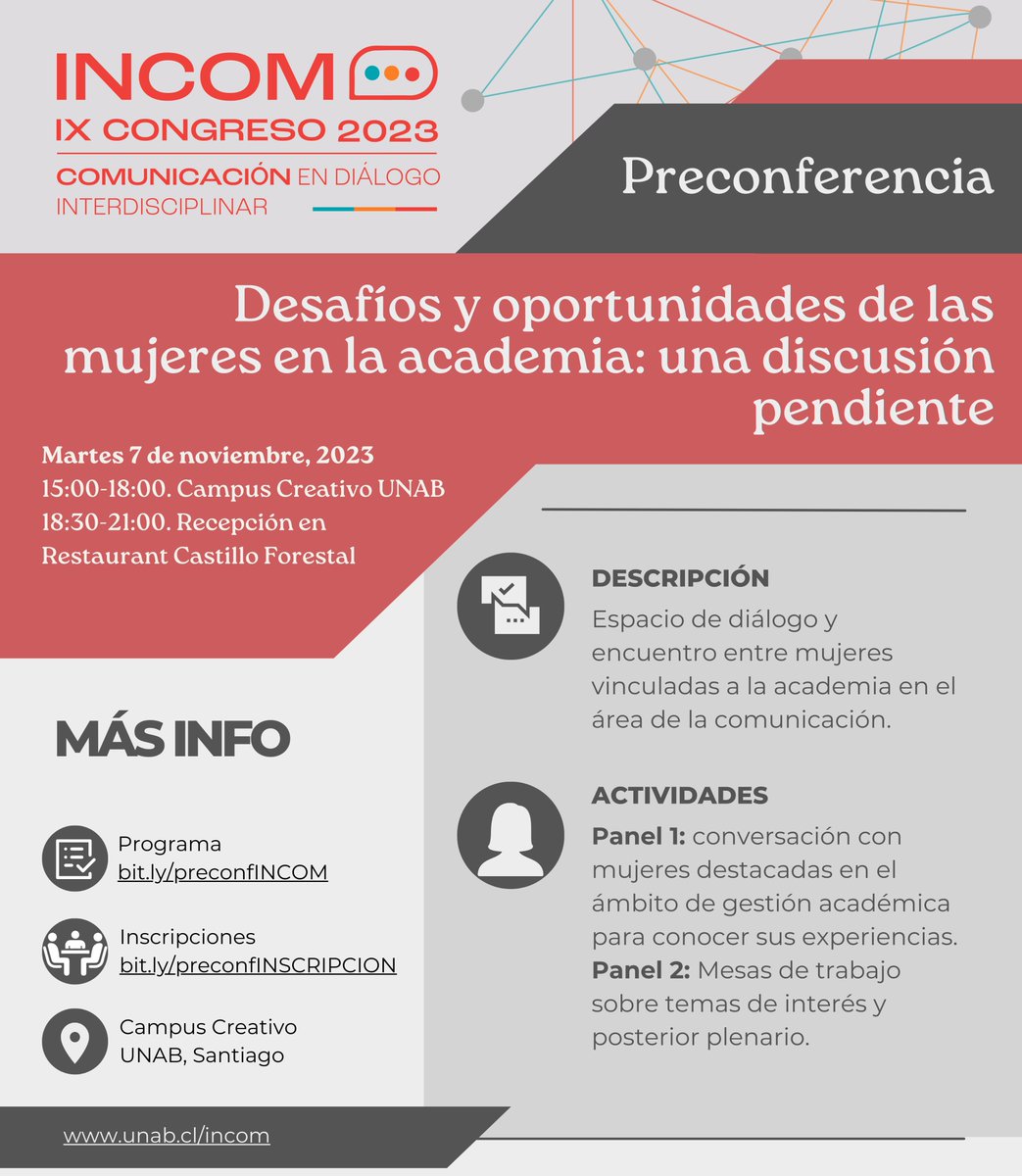 magdalenasaldan's tweet image. Atención académicas/investigadoras/estudiantes doctorales en #comunicación - con @isabel_pavez_a @danilazcano @Ingrid_Bachmann &amp;amp; Claudia Lagos estamos organizando una preconferencia #INCOM23 de LUJO. Más info aquí 👉 bit.ly/preconfINCOM
@fcomuc @IMFDChile @NucleoMEPOP