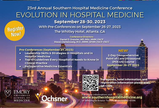 I can't believe #SoHM23 is less than a month away! Looking forward to hearing the latest updates in #HospitalMedicine and learning from a fantastic group of hospitalists like @medmanny, @SuchitaSata, @OhHeyDrKay, and many others! We hope to see you there!