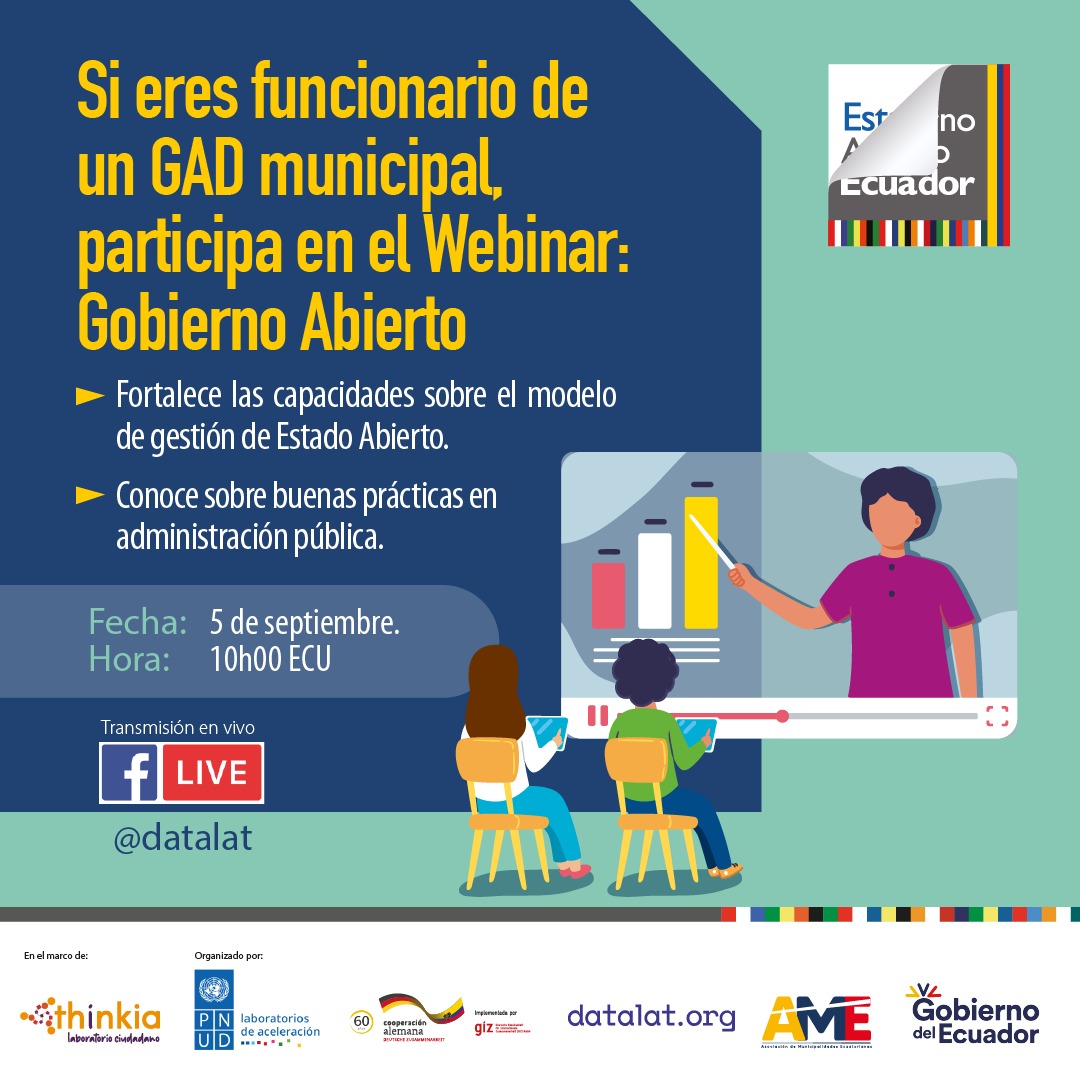 datalat's tweet photo. 📢¿Trabajas en un GAD municipal?
El reto #GADInnova te invita a participar en dos capacitaciones de Estado abierto.
📅 5 y 6 de septiembre | 10h00
#EstadoAbiertoEc
#ThinkiaLab
#GADMasAbiertos https://t.co/kde3i00G9l