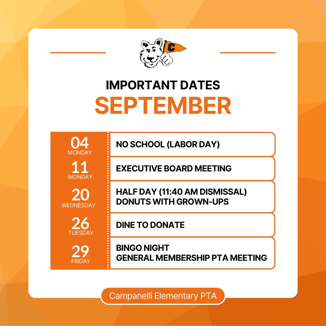 CampanelliPta's tweet image. The PTA is busy this month planning for the year and kicking off activities. Keep these dates in mind and mark your calendars! #movingmountains #TeamCampi