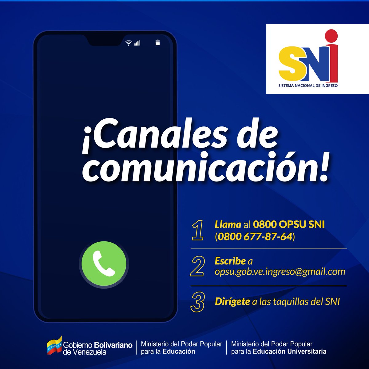 ¡Información importante!

Todavía hay chance de revisar las opciones en el Sistema Nacional de Ingreso.
 
Si la asignación ocurrió en la primera fase, se imprime el certificado. De lo contrario, el estudiante aún puede optar por varias alternativas de cupo.

#TrabajoEnEquipo