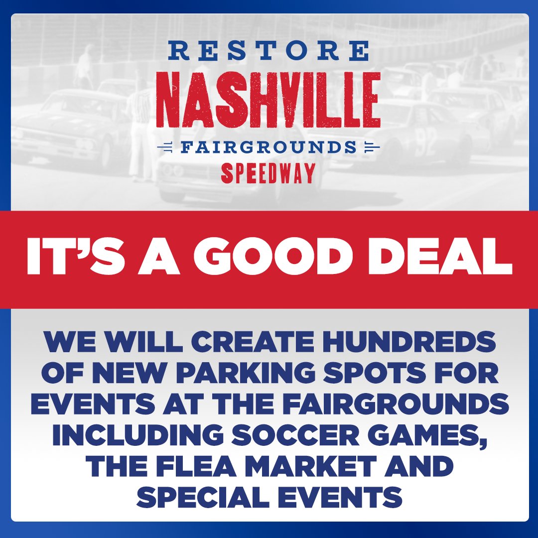 RestoreNFS's tweet image. PARKING: We will create hundreds of new parking spots for soccer games, the flea market and special events at the Fairgrounds.

It&apos;s a good deal.

PLEASE SHARE this with you friends in Nashville

#ItsAGoodDeal