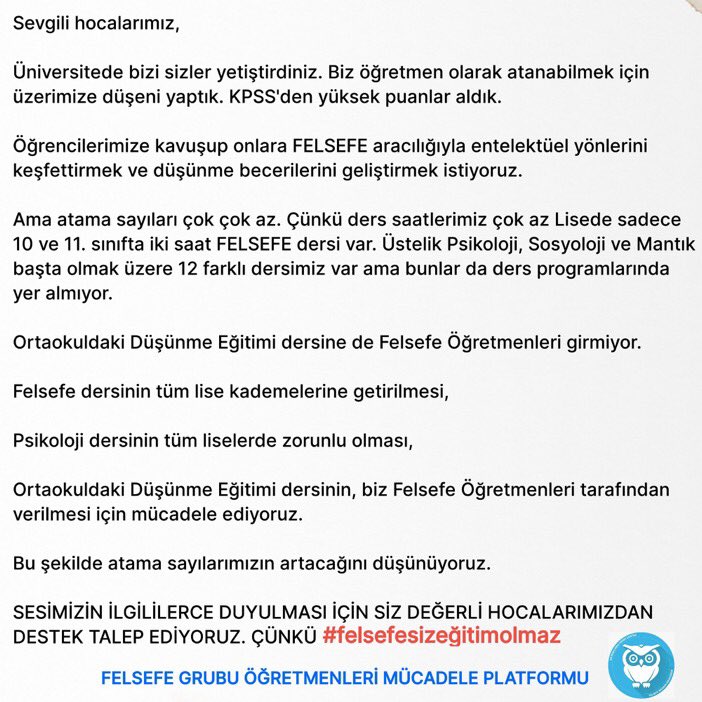 Yıllardır söylüyorum ve yazıyorum. Felsefe, sosyoloji ve psikoloji dersleri liselerde zorunlu ve güncel içerikte olmalı. İleride doktor, öğretmen, mühendis, hakim ve bütün meslekler topluma hizmet verirken felsefe, sosyoloji ve psikoloji bilgisine ihtiyaçları olacak.