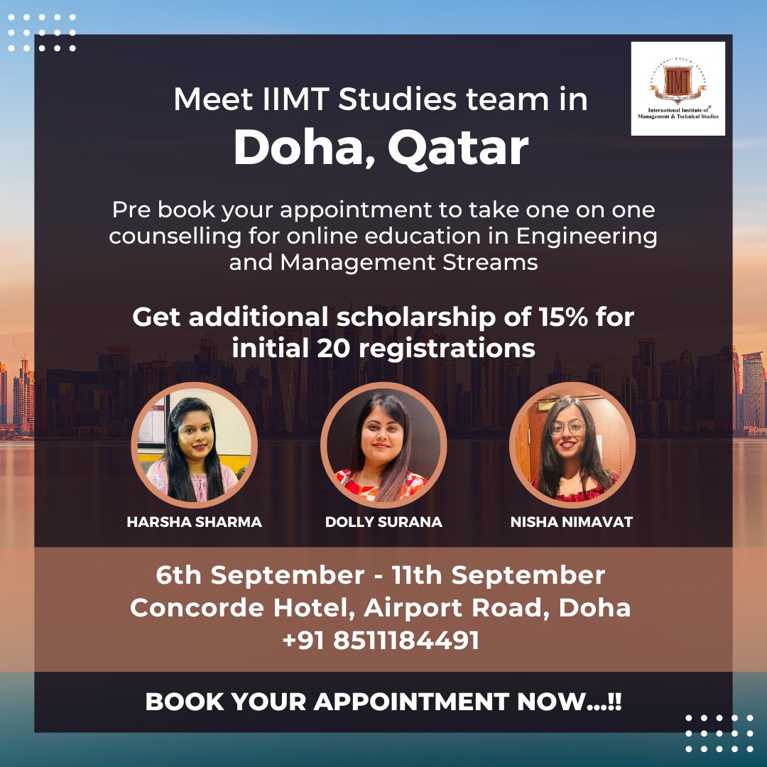 IIMTStudies's tweet photo. #Qatar #qatartrip #Engineering #Management #eLearning #onlinelearning #studyonline #DOHA #year2023 #GetReady #visit #onlinecourses #studyonline #graduatecourses #education #workingprofessionals #Graduation #Graduateprogrammes #counselor #meetme #counselling https://t.co/J2XKXXsdkG