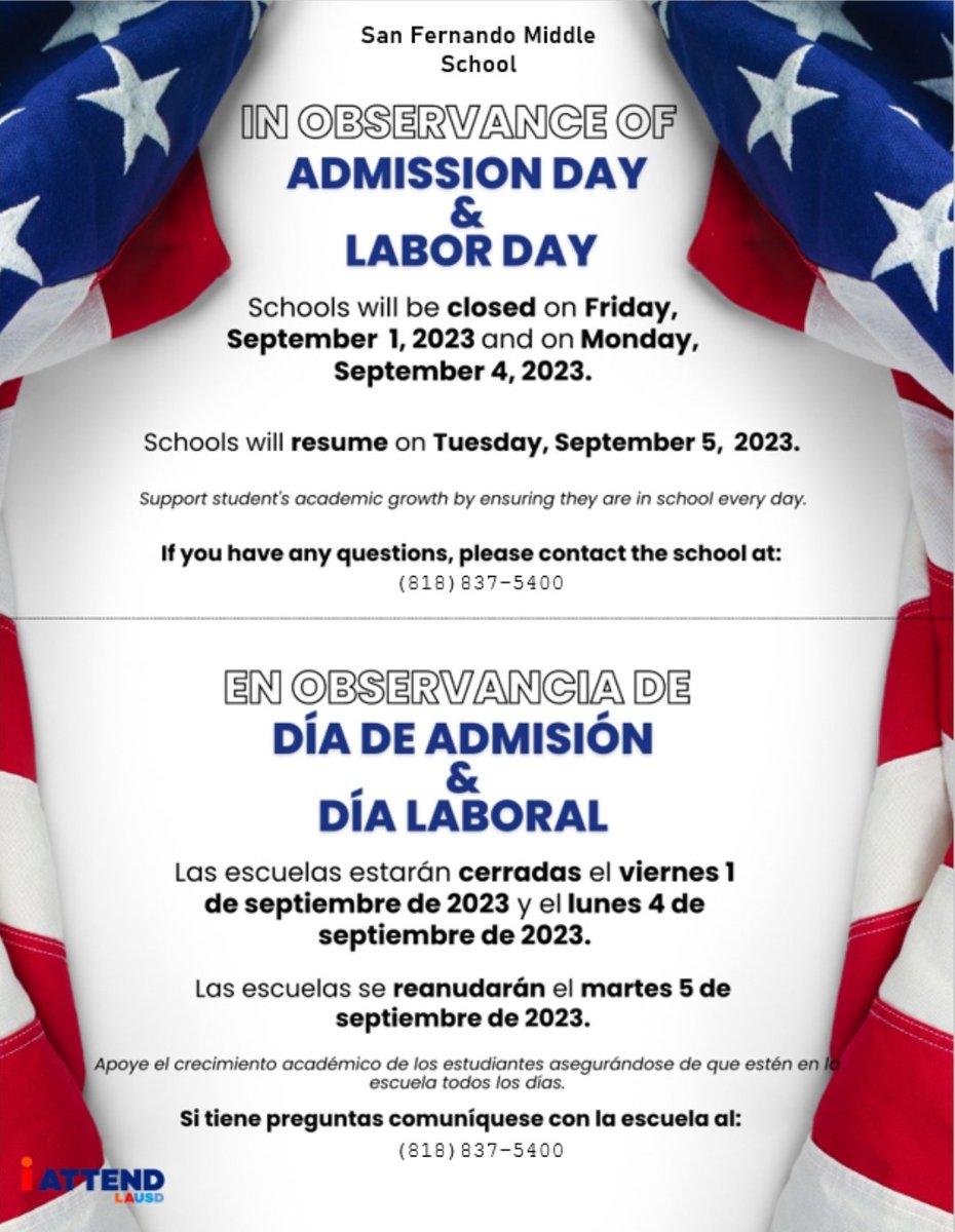 REMINDER: In observance of Labor Day, there will be no school on Friday 9/1 or Monday 9/4.

RECORDATORIO: Por el Dia de Labor, no habra escuela el viernes 9/1 o lunes 9/4.