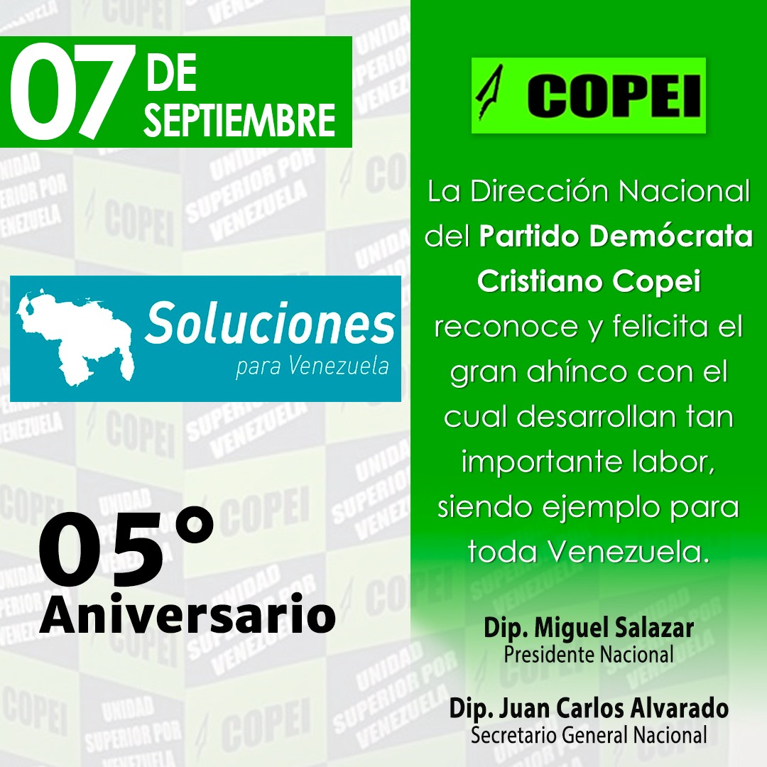 Copei_Partido's tweet photo. Este #07Sep felicitamos al partido Soluciones para Venezuela por su 5 aniversario.

El trabajo en conjunto y la unidad partidista por el bienestar de los venezolanos debe ser punta de lanza durante estos días. 

¡Felicidades! https://t.co/RL366tMHX8