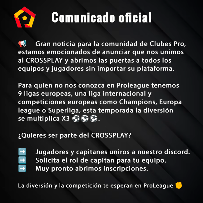 Ayúdanos con un repost para que llegue a toda la comunidad de Clubes Pro ⚽

Enlace a discord ➡️ discord.gg/hMpvsGUWkF

#CrossplayEAFC24 #Crossplay #Clubesprounidos
