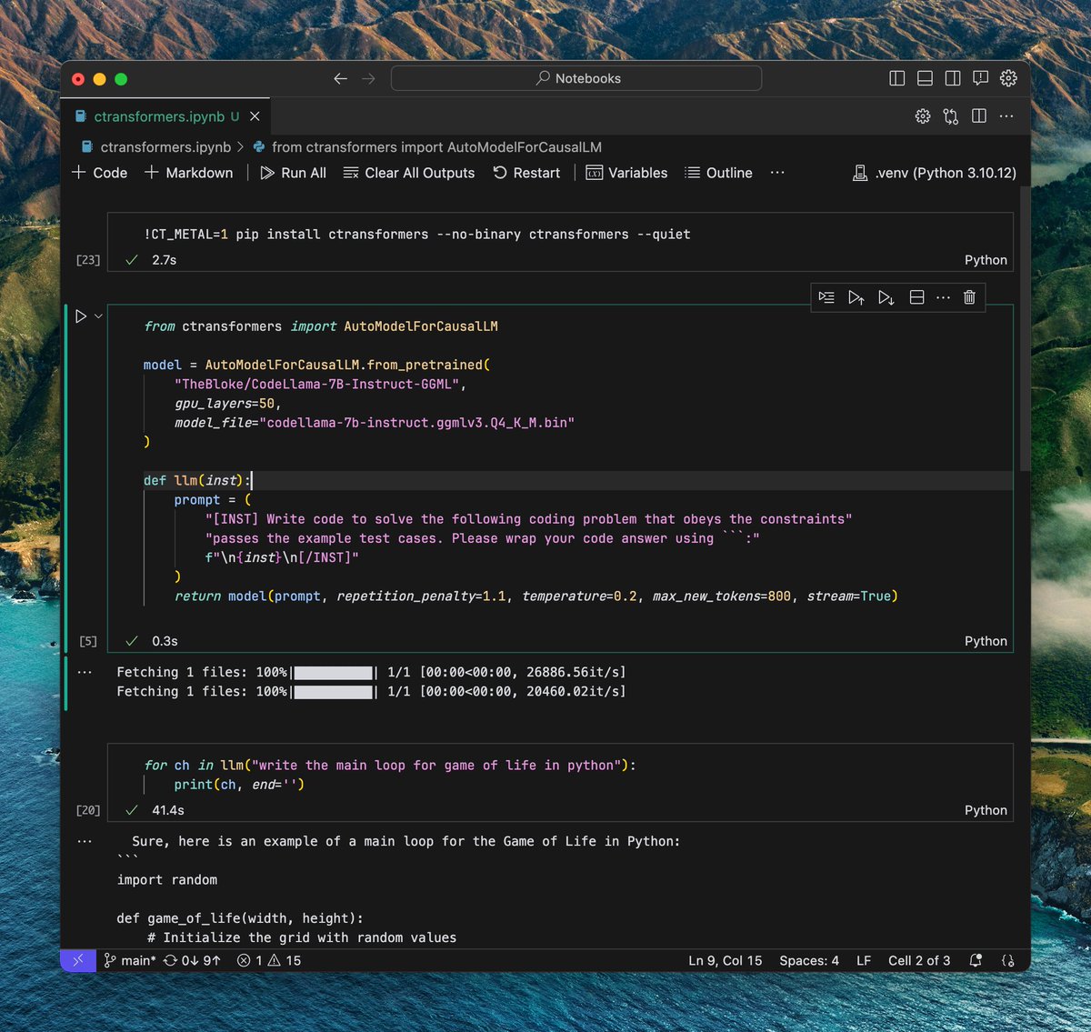 tobi's tweet photo. It's amazing that you can start a fresh python notebook, and this code is all you need to run hardware accelerated, streamed, inference on your mac. 

It even downloads the model. https://t.co/pOiBRcwe0Q